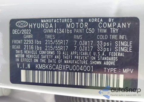 2023 Hyundai Kona Sel z USA, uszkodzony, nr VIN KM8K6CABXPU004001